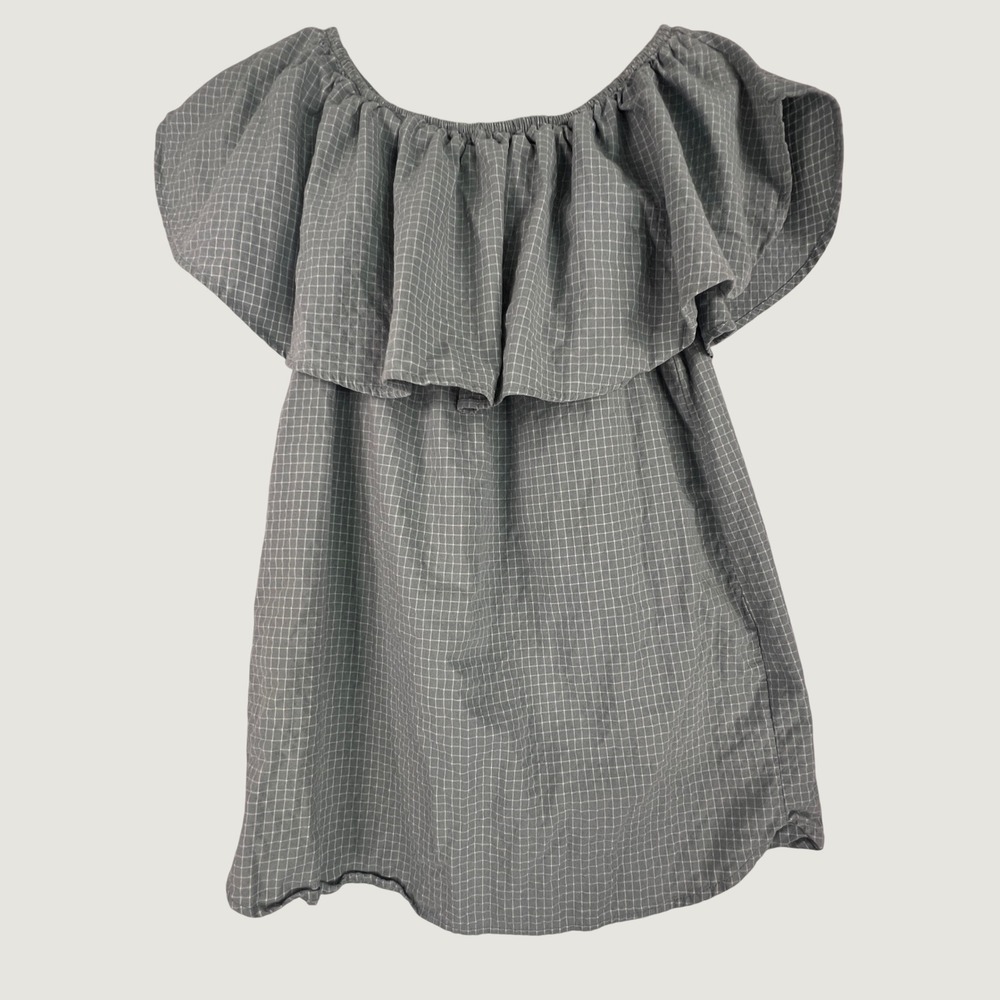 Audrey 3+1 Blue Windowpane Check Off Shoulder Ruffle Mini Dress Pockets Medium